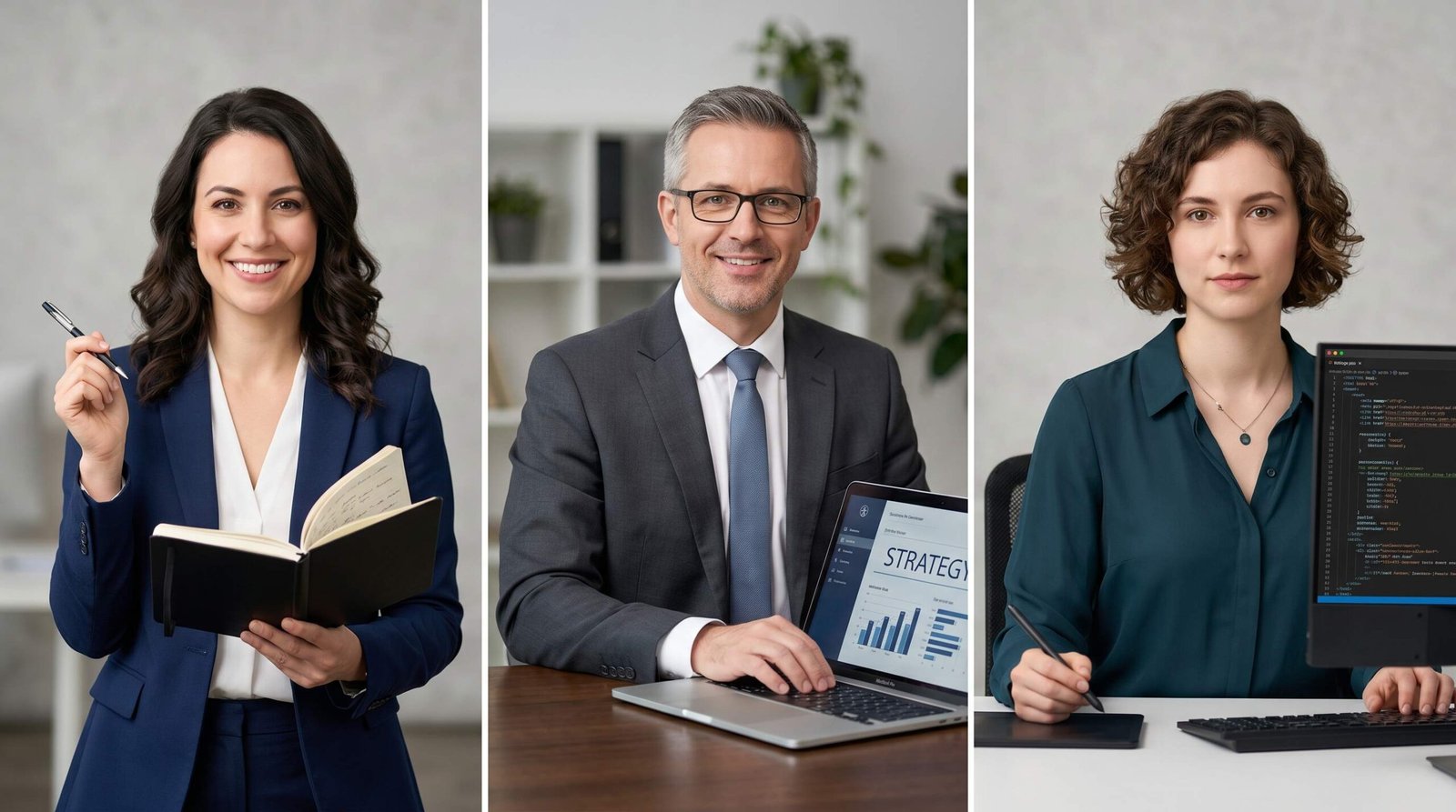 Three B2B content professional types: journalist-style writer, business strategist, and technical writer