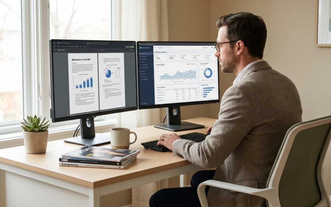 Professional B2B content writer at a desk with dual monitors showing a whitepaper draft and analytics dashboard