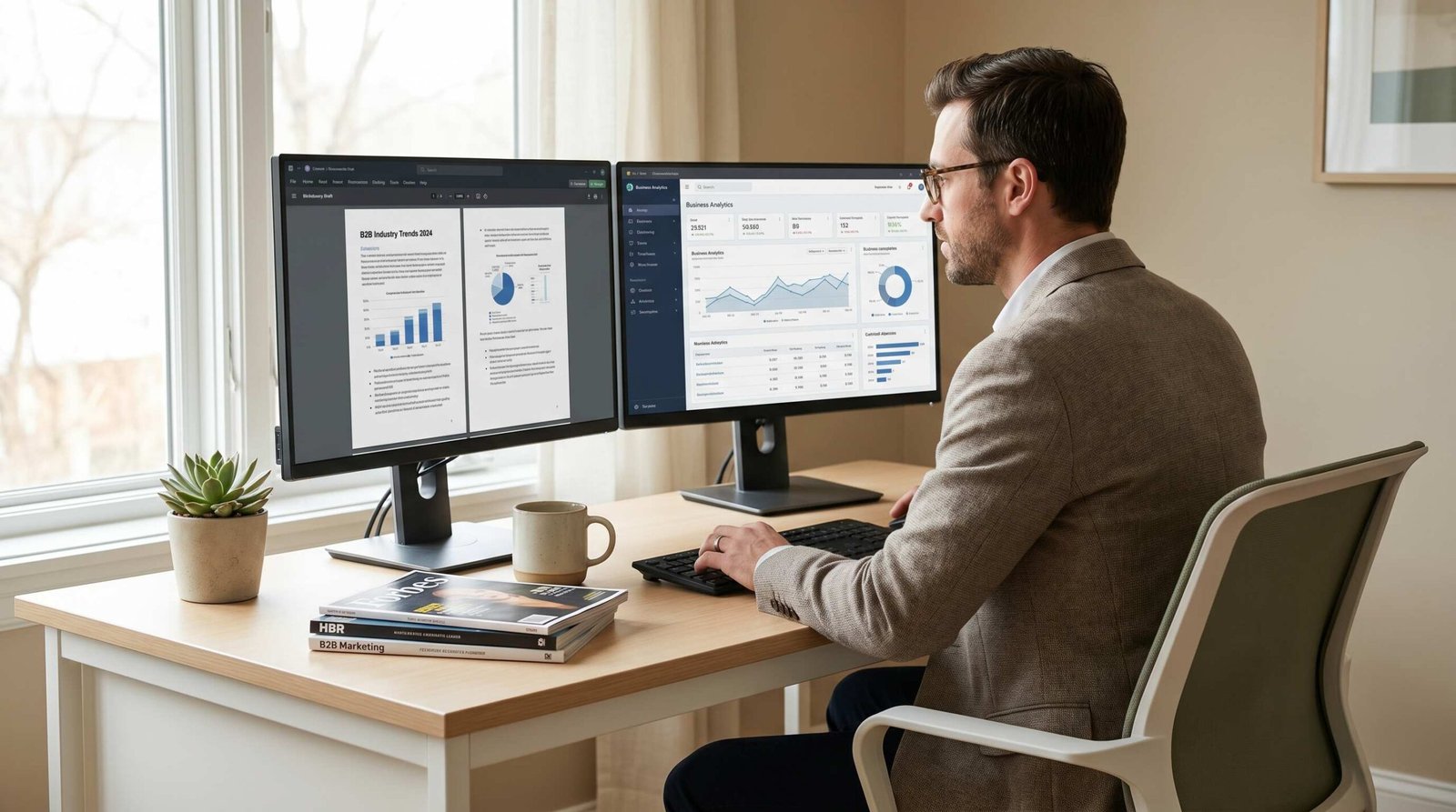 Professional B2B content writer at a desk with dual monitors showing a whitepaper draft and analytics dashboard