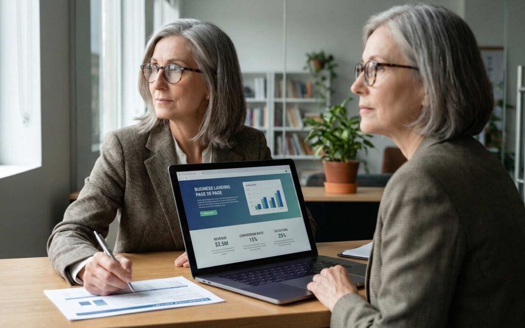 Senior marketing professional reviewing B2B sales copy and conversion metrics at a modern office desk