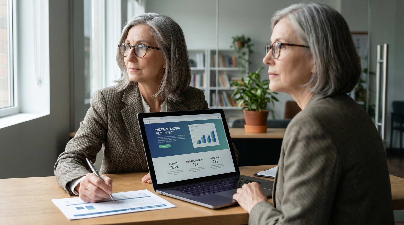 Senior marketing professional reviewing B2B sales copy and conversion metrics at a modern office desk