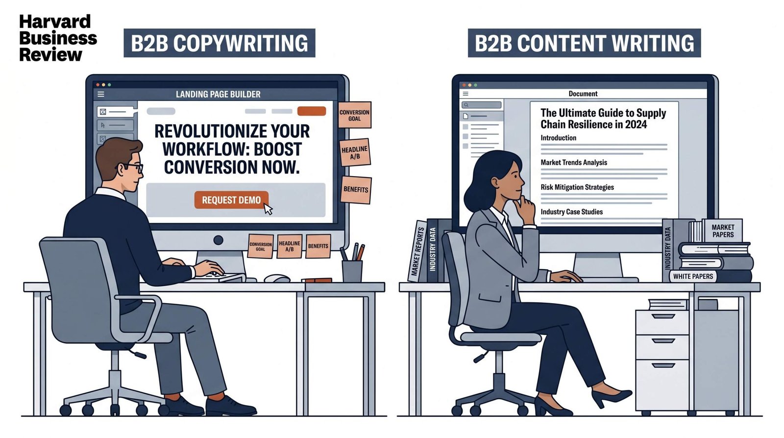 Side-by-side comparison of B2B copywriting and B2B content writing showing different purposes and approaches