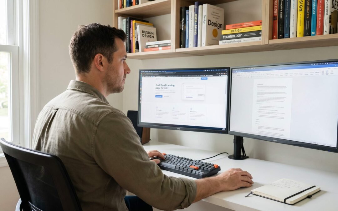 B2B SaaS copywriter working at dual monitors showing SaaS product pages and copy documents