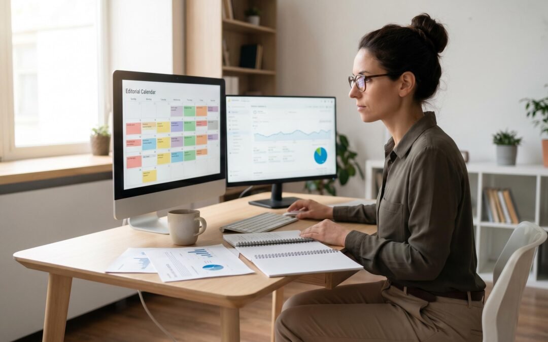 Content marketing consultant reviewing editorial calendar and analytics dashboard at a modern desk