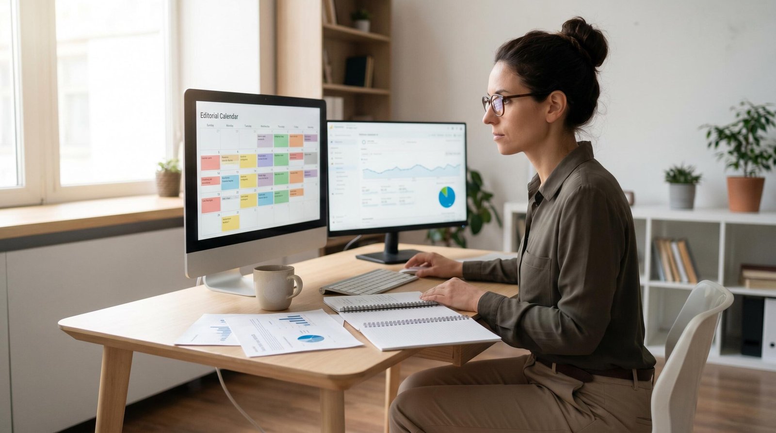 [ALT: content marketing consultant reviewing editorial calendar and analytics dashboard at desk]