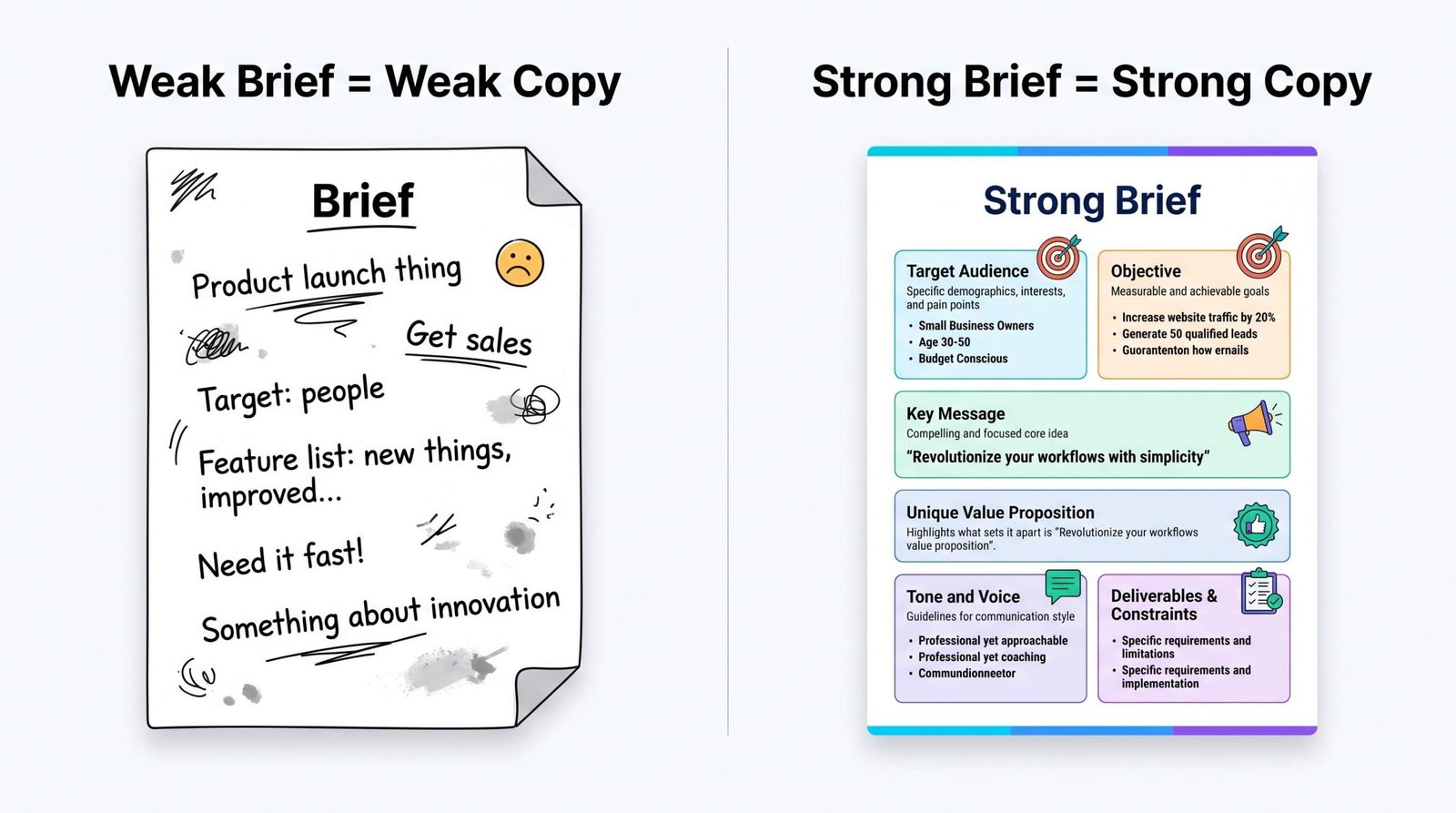 Copywriting brief quality determines output Copywriting brief quality comparison showing vague vs detailed brief outcomes