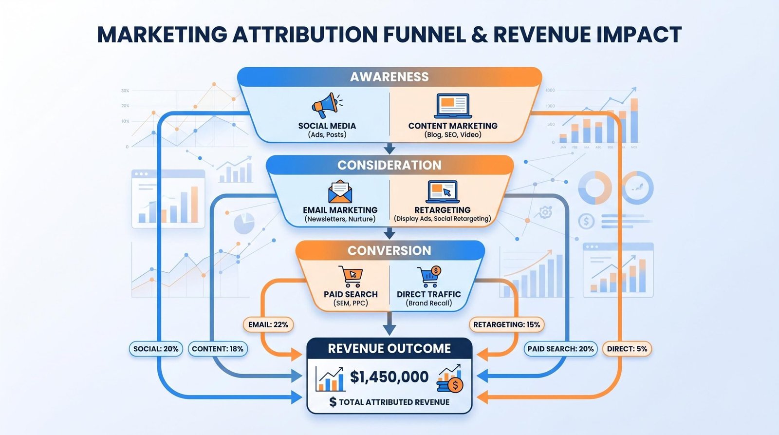 Digital marketer attribution and marketing funnel Digital marketer attribution model showing top of funnel to conversion stages