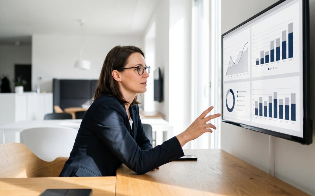 Digital marketing consultant reviewing analytics on a large monitor in a modern office setting