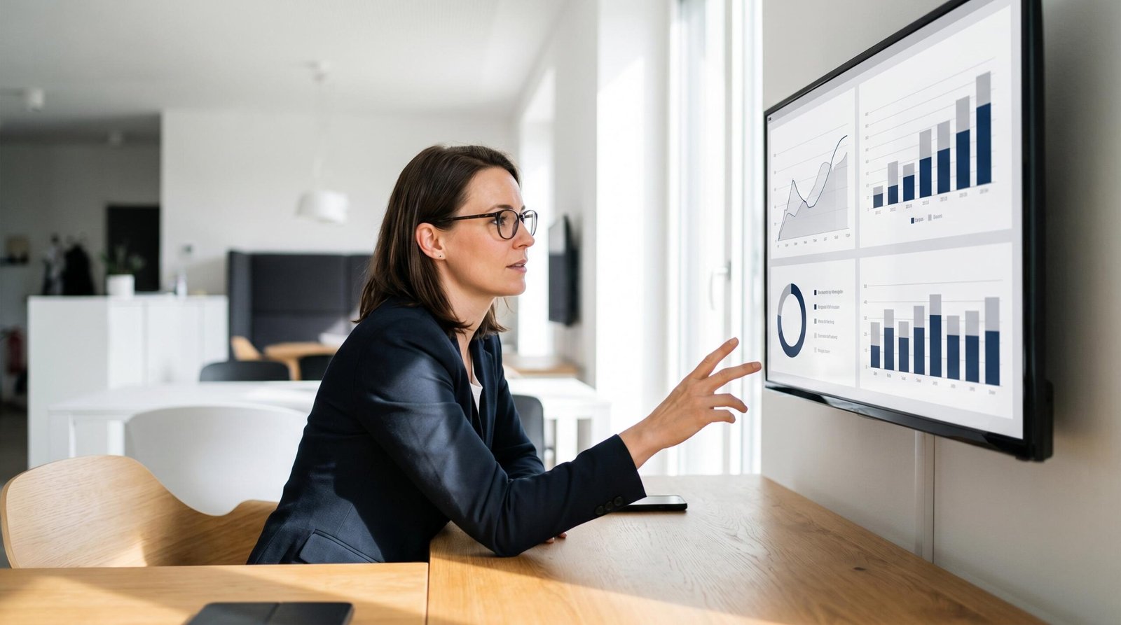 Digital marketing consultant reviewing analytics on a large monitor in a modern office setting