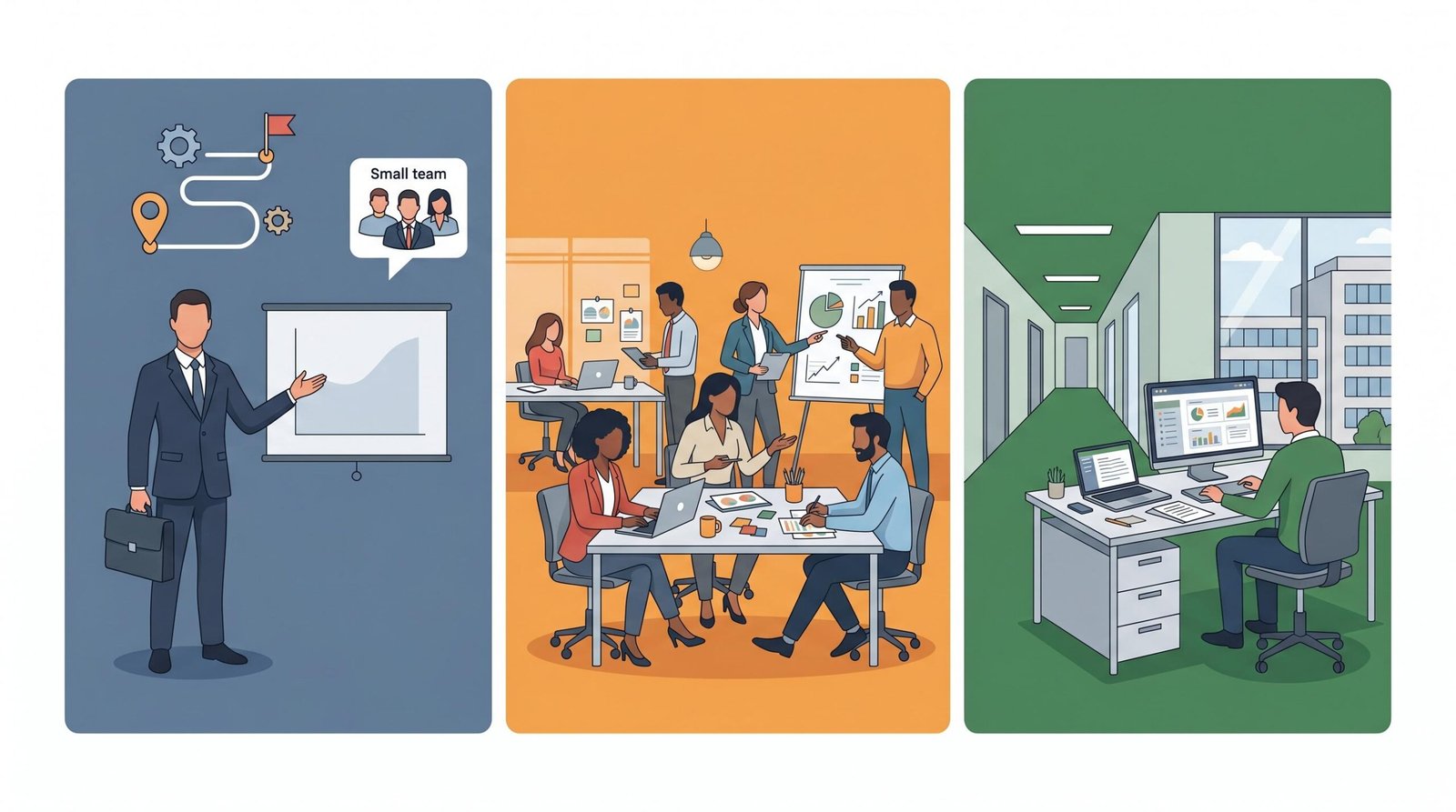 Three-panel illustration comparing digital marketing consultant, agency, and in-house team options for business marketing