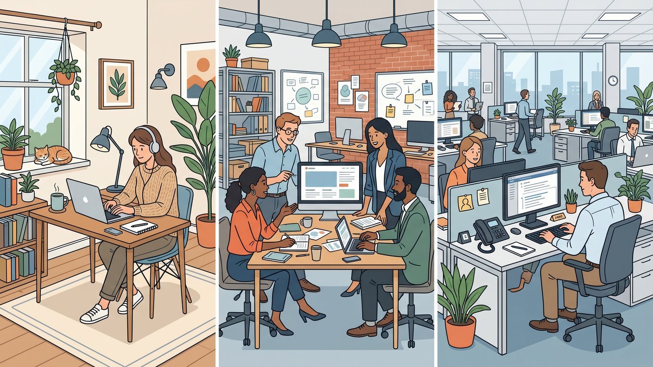 Illustration comparing freelance ecommerce copywriter, agency team, and in-house employee work environments