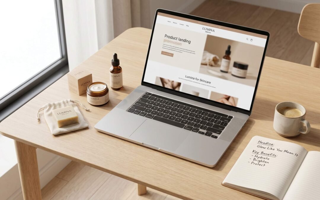 Professional ecommerce copywriting workspace with laptop displaying product landing page and physical products
