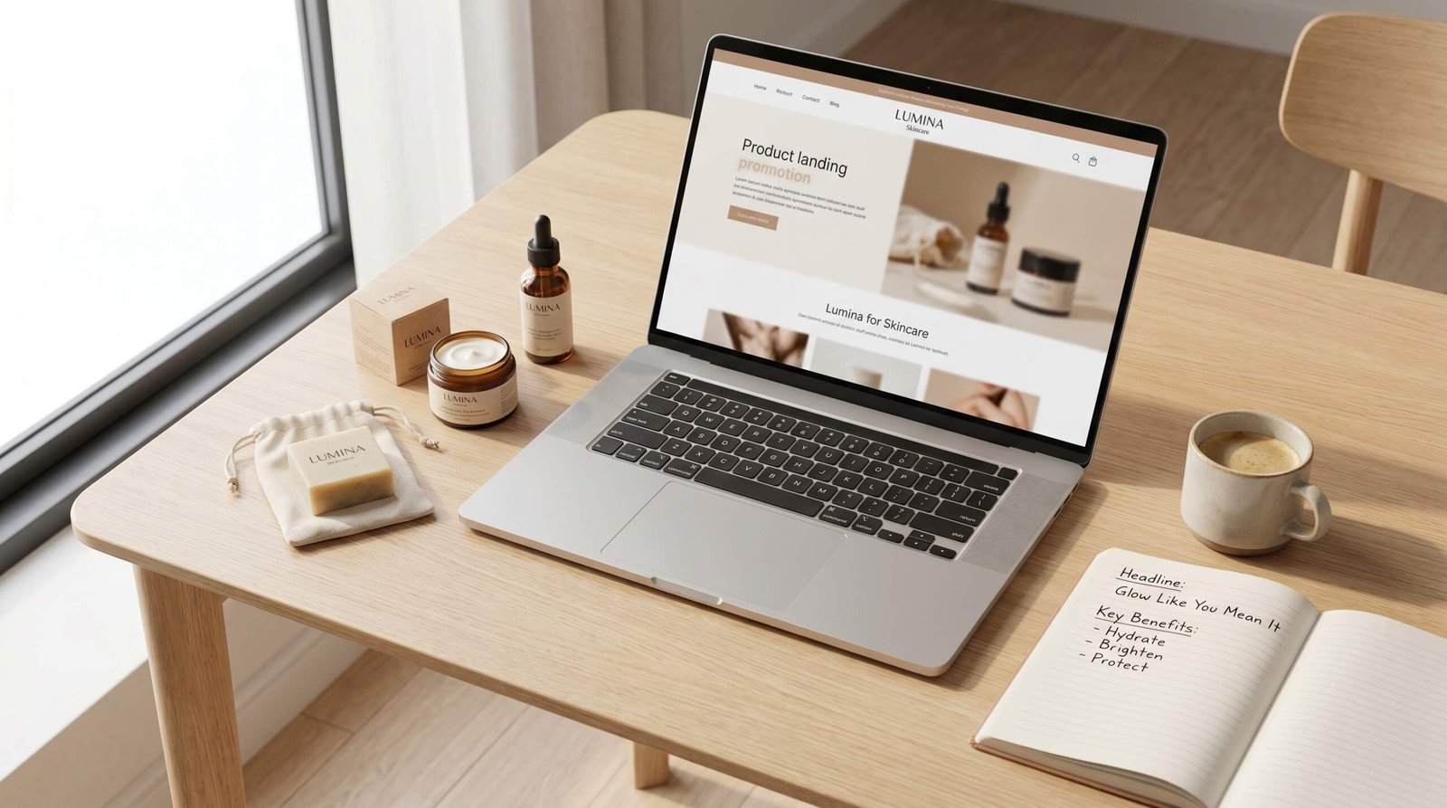 Professional ecommerce copywriting workspace with laptop displaying product landing page and physical products