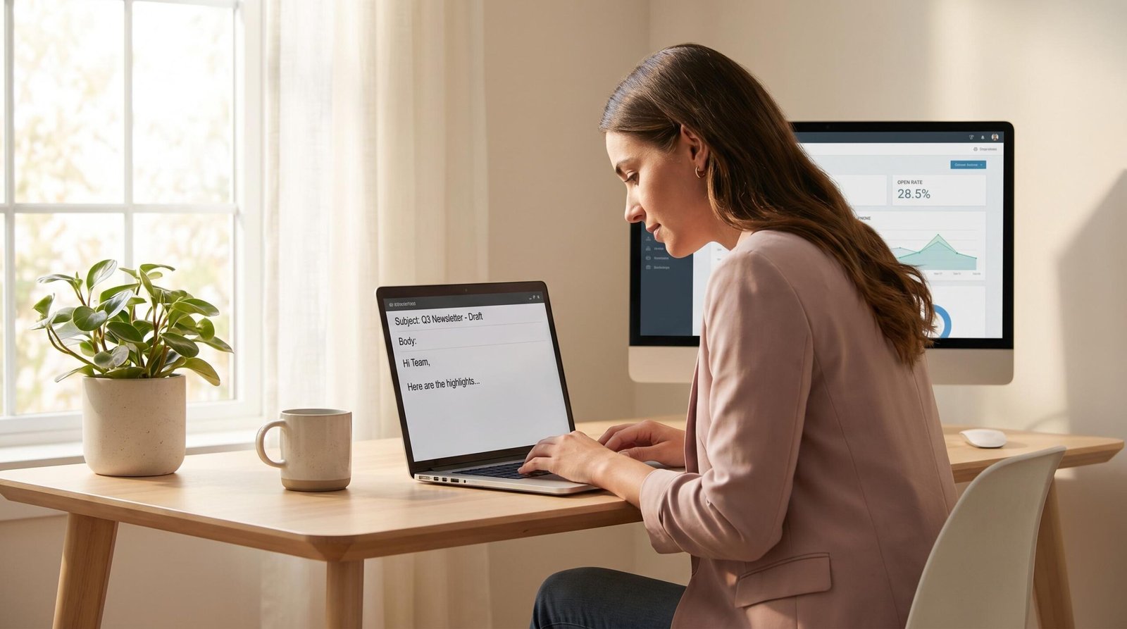 Email copywriter at work reviewing campaigns Email copywriter reviewing email campaign copy and analytics on dual monitors at a professional desk