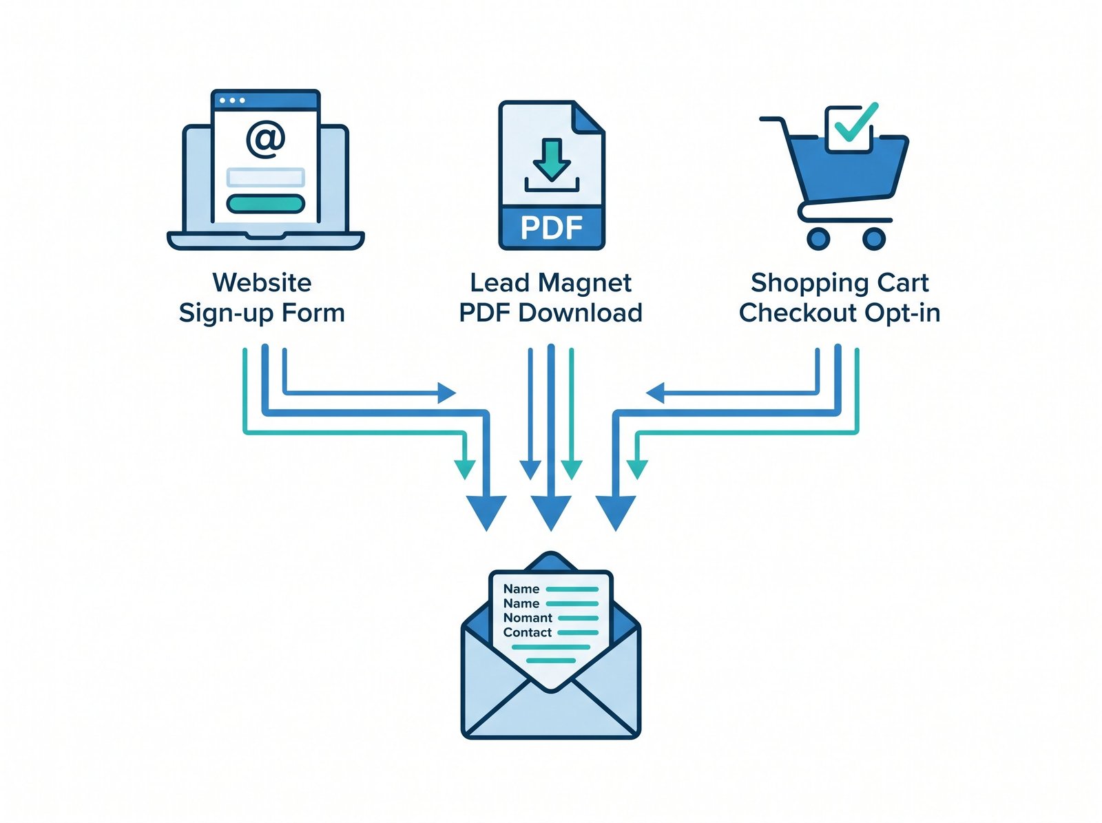 Email list building funnel showing website form, lead magnet, and checkout opt-in as subscriber sources
