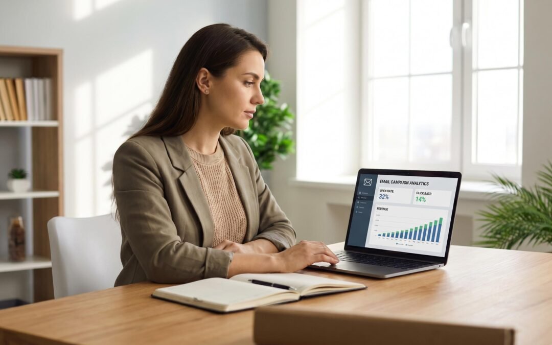 Email marketing consultant reviewing campaign analytics showing open rates and revenue on laptop