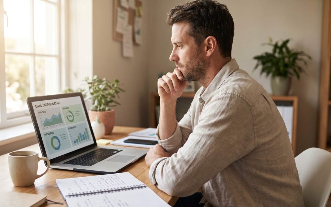 Small business owner reviewing email marketing analytics dashboard on laptop