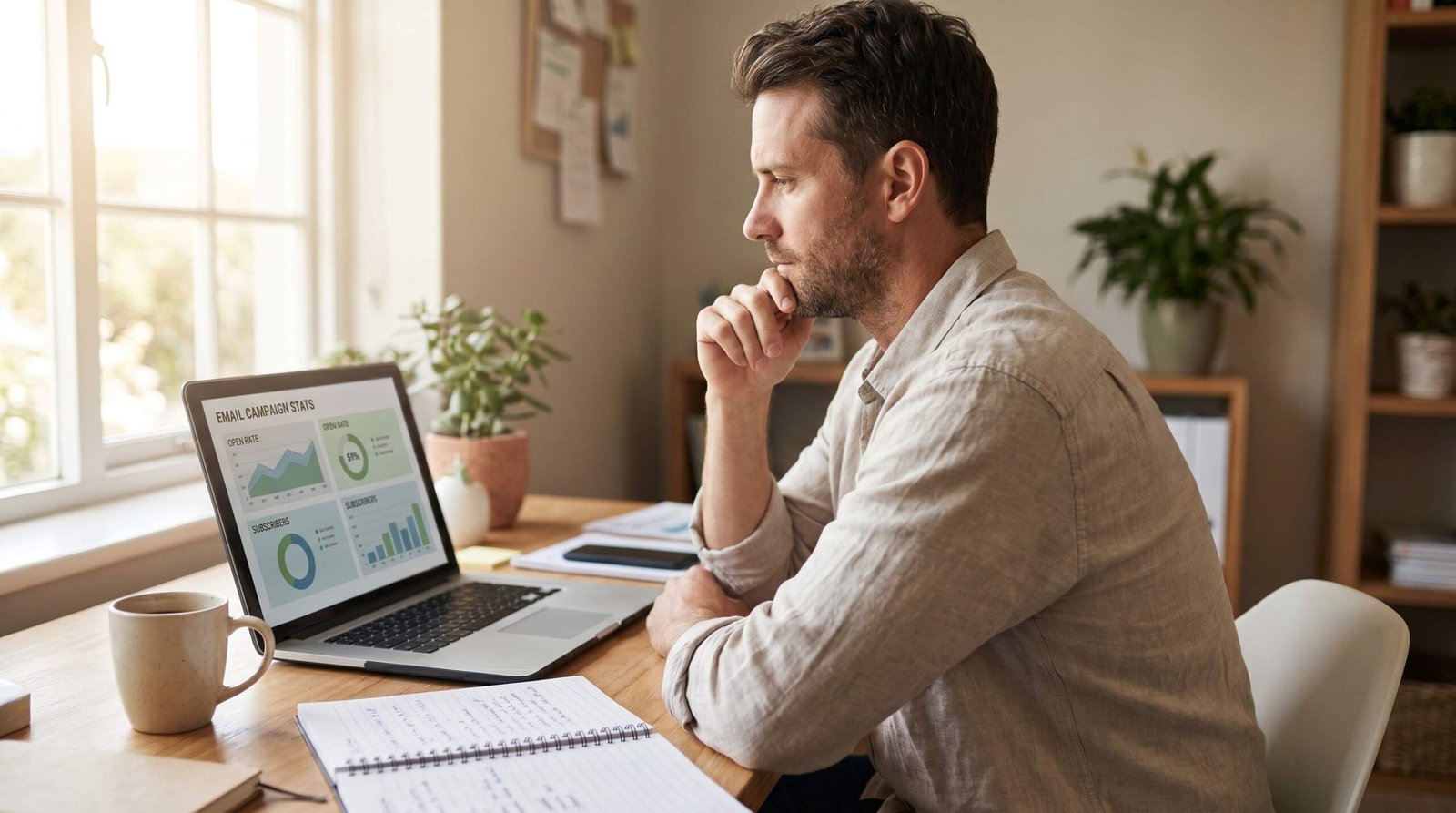 Small business owner reviewing email marketing analytics dashboard on laptop