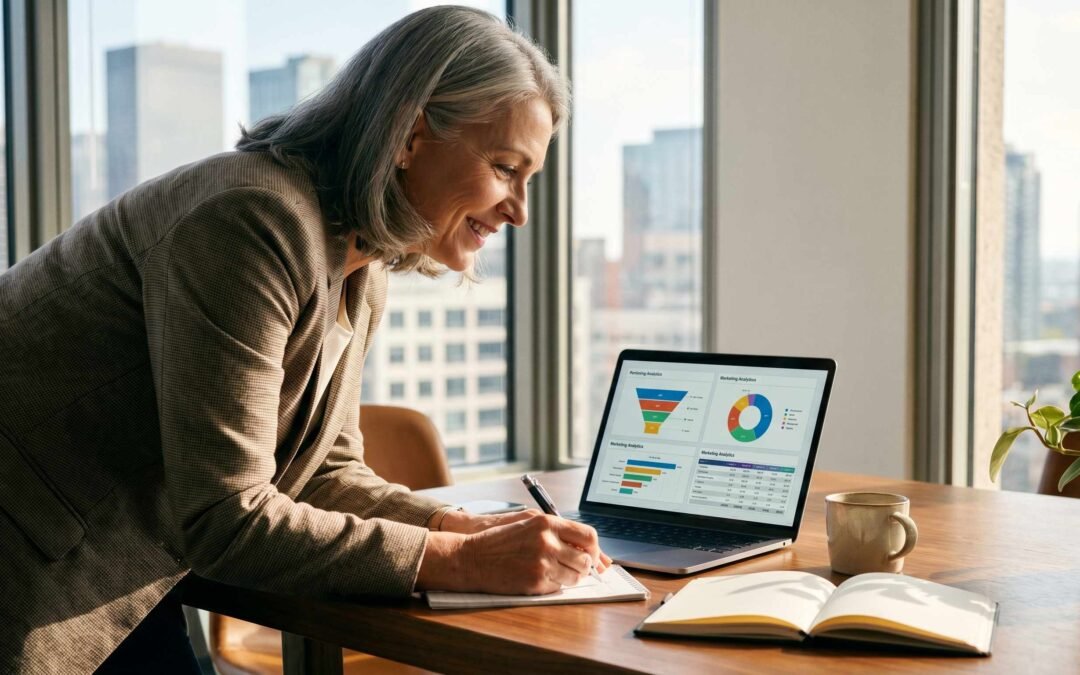 Senior marketing executive reviewing analytics dashboard and marketing strategy plan