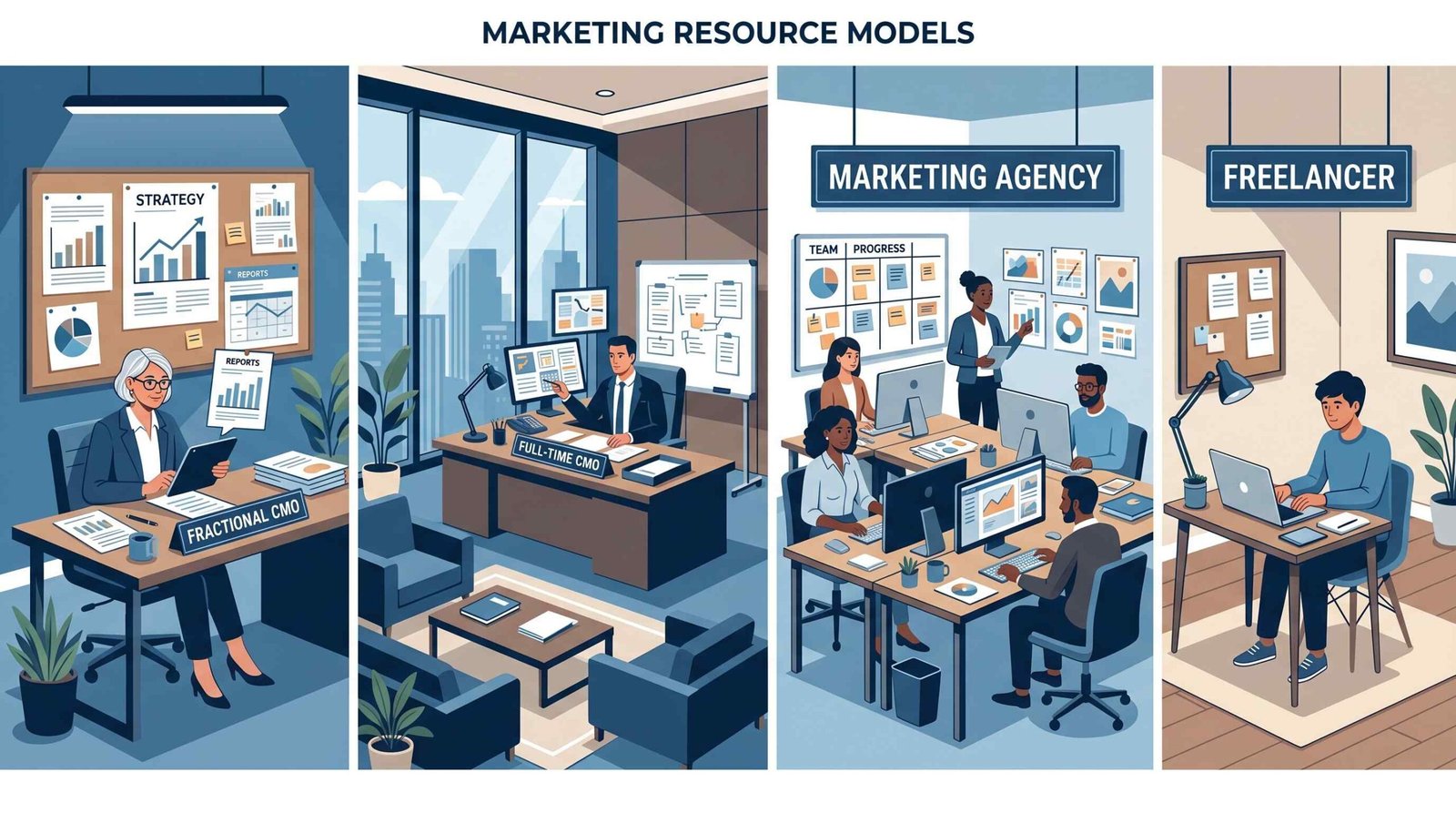 Comparison illustration showing four marketing hiring options - fractional CMO, full-time CMO, agency, and freelancer