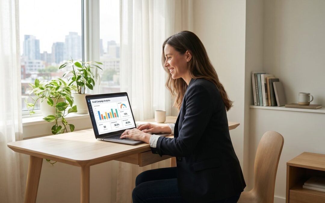 Freelance email marketer reviewing campaign analytics on a laptop at a modern desk