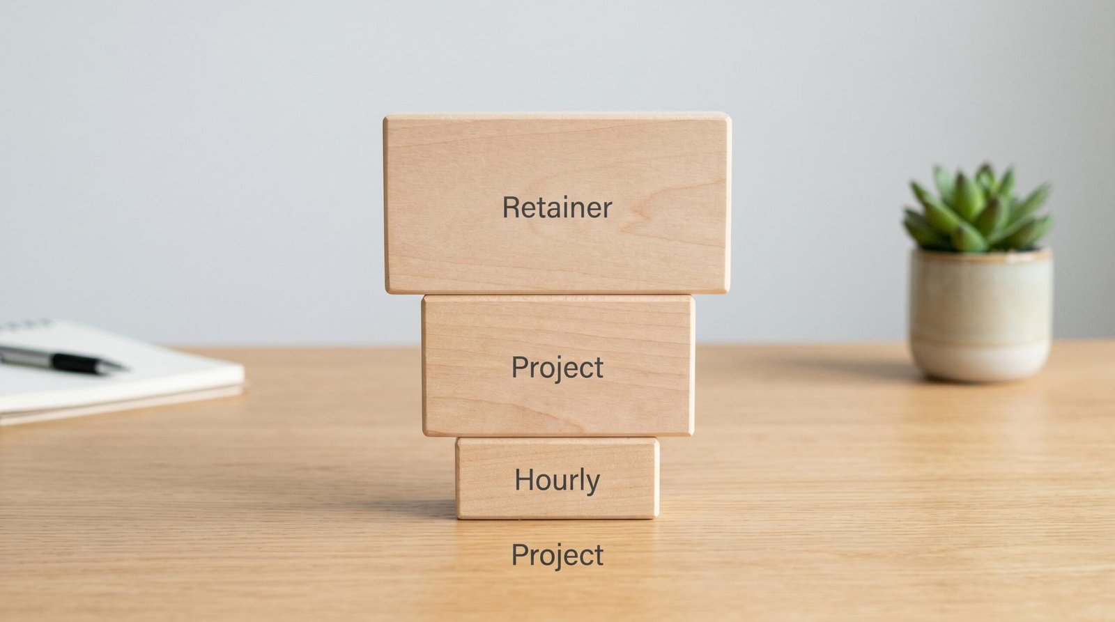 Three pricing tier cards showing hourly, project-based, and retainer options for marketing consultants