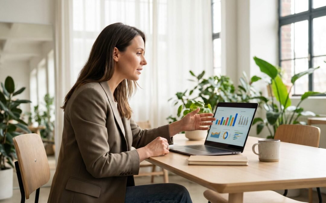 Freelance marketing consultant reviewing analytics dashboards on laptop in a modern home office