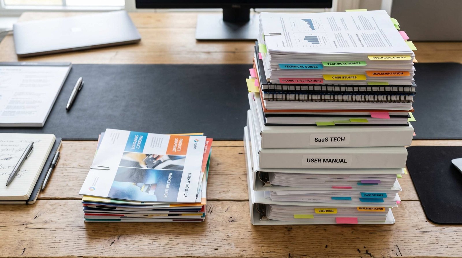 Thin document stack for generalist copywriter versus thick specialized documentation stack for B2B SaaS specialist