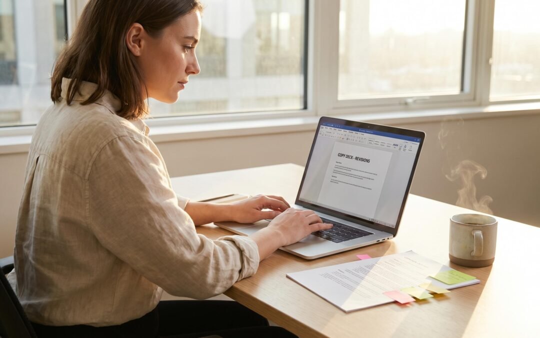 Hiring a freelance copywriter — professional reviewing a content brief and portfolio