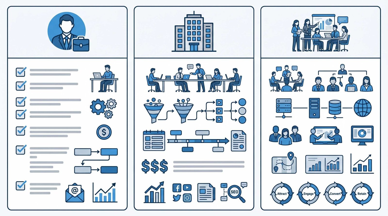 Three-way comparison of marketing automation options: solo consultant, agency, and in-house team