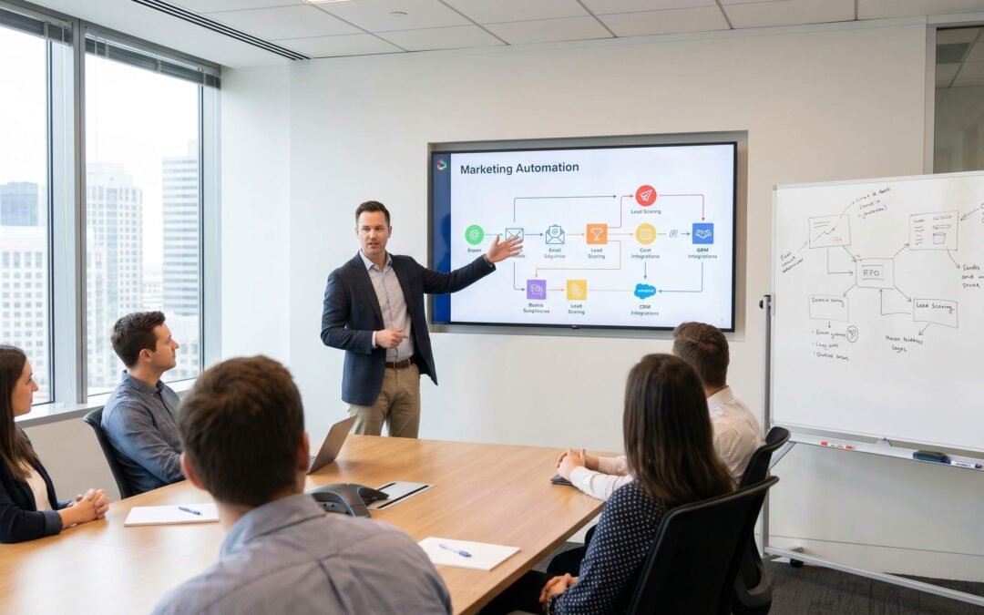 Marketing automation consultant presenting a workflow strategy with flowchart showing email sequences and CRM integrations