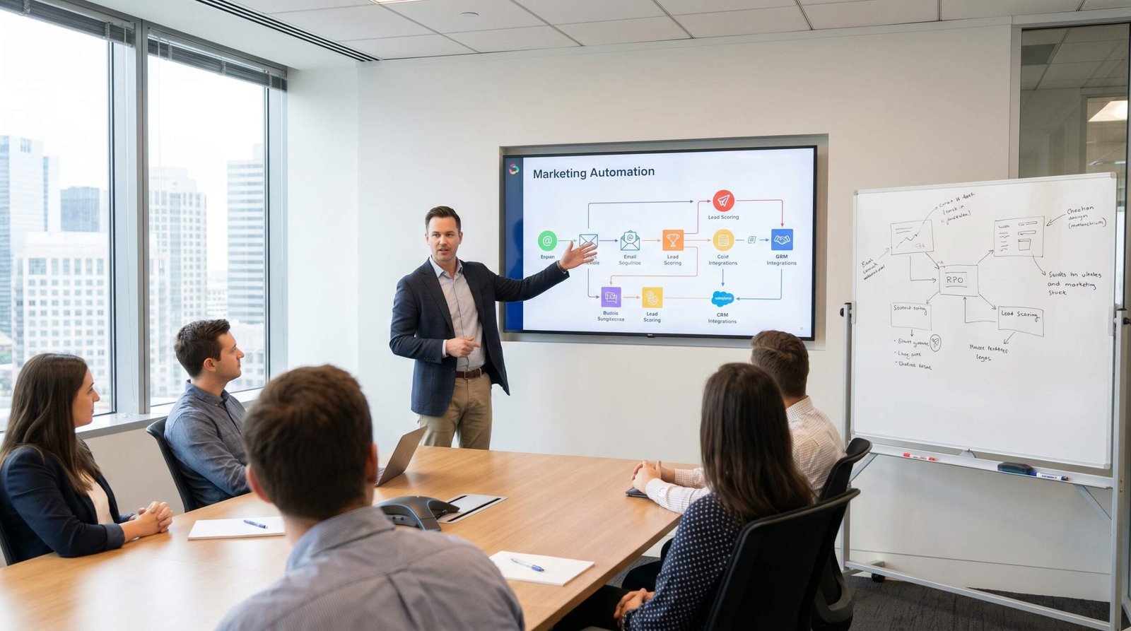 Marketing automation consultant presenting a workflow strategy with flowchart showing email sequences and CRM integrations