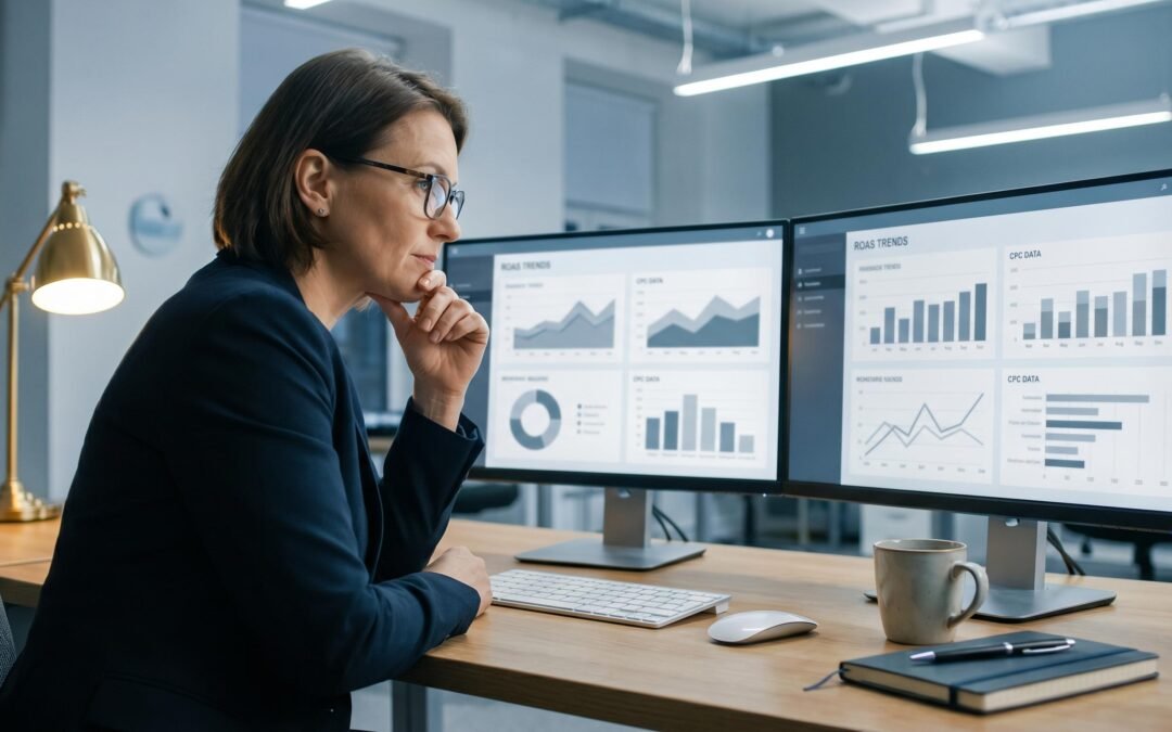 PPC consultant reviewing Google Ads campaign performance analytics on dual monitors