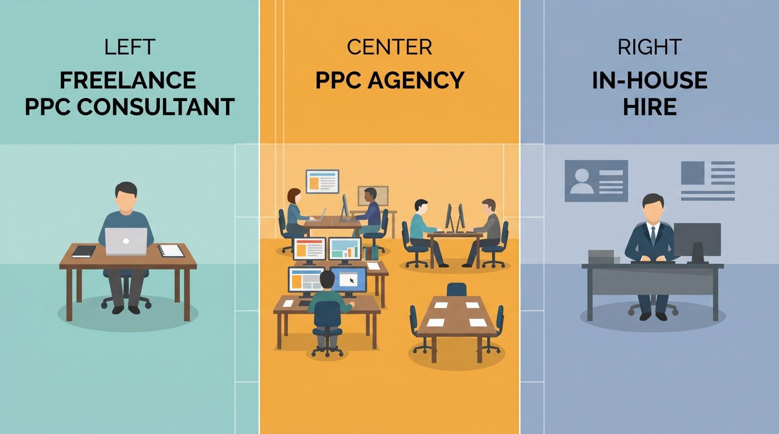 Comparison diagram showing differences between a freelance PPC consultant, PPC agency, and in-house hire