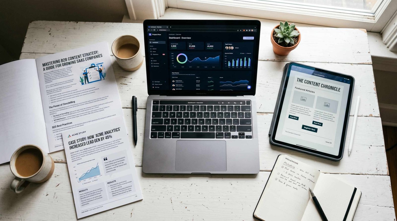 Overhead flat-lay view of a desk with laptop, printed blog article, case study document, and email template showing the range of SaaS content writer deliverables