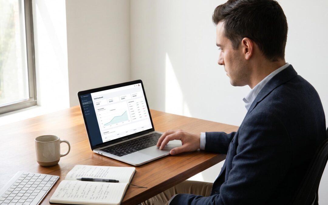 Professional SaaS content writer working at a clean modern desk with a laptop showing a SaaS product dashboard