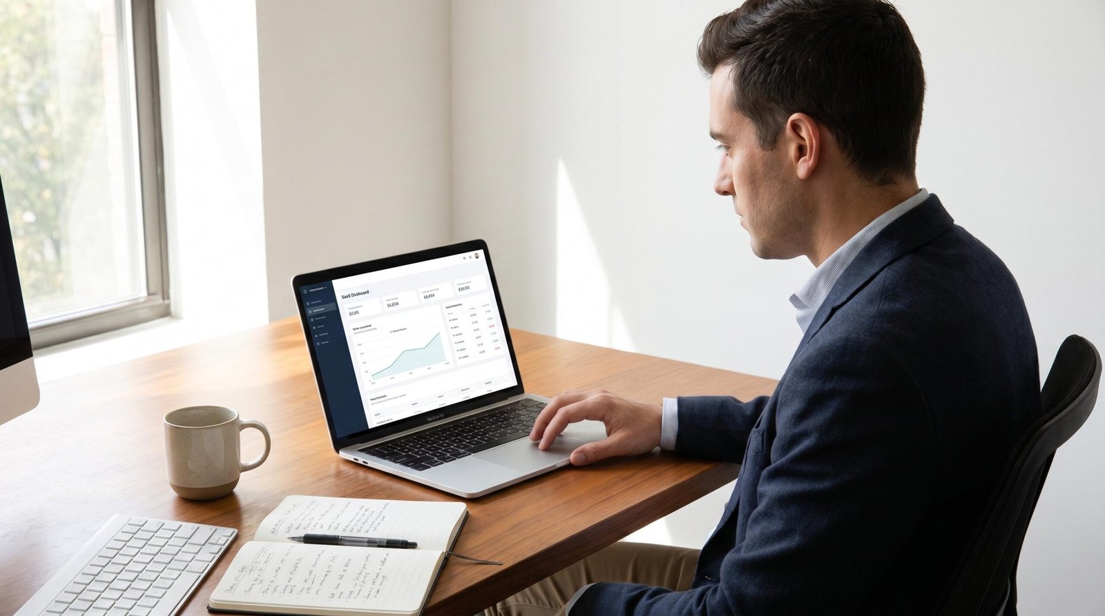 Professional SaaS content writer working at a clean modern desk with a laptop showing a SaaS product dashboard