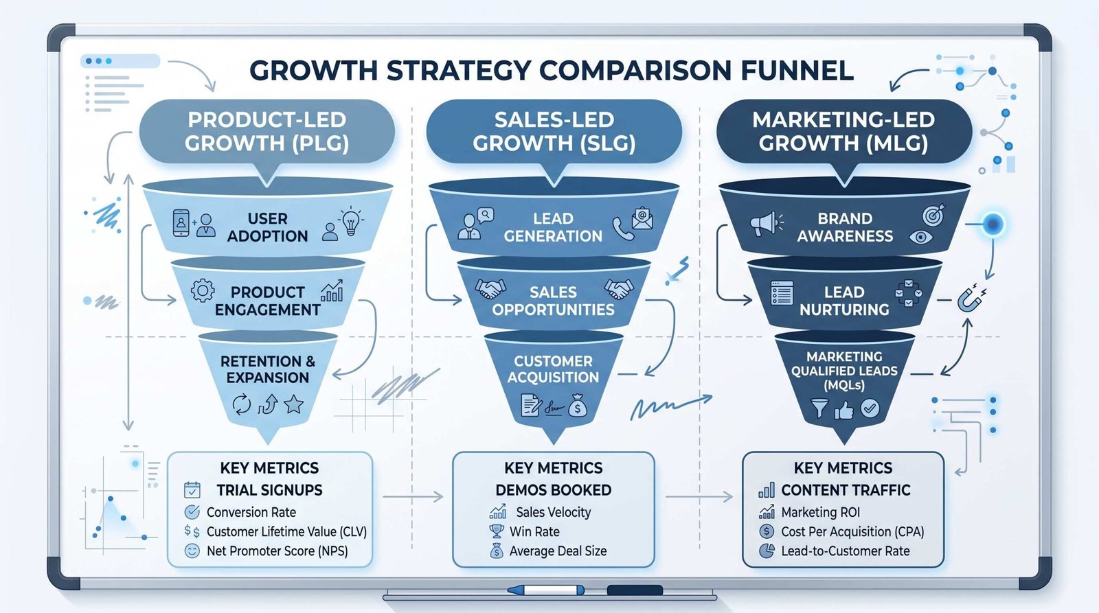 Diagram showing three SaaS growth motions: product-led, sales-led, and marketing-led growth
