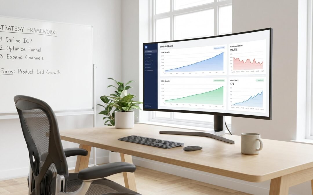 SaaS marketing dashboard showing ARR and MRR growth metrics with strategy framework
