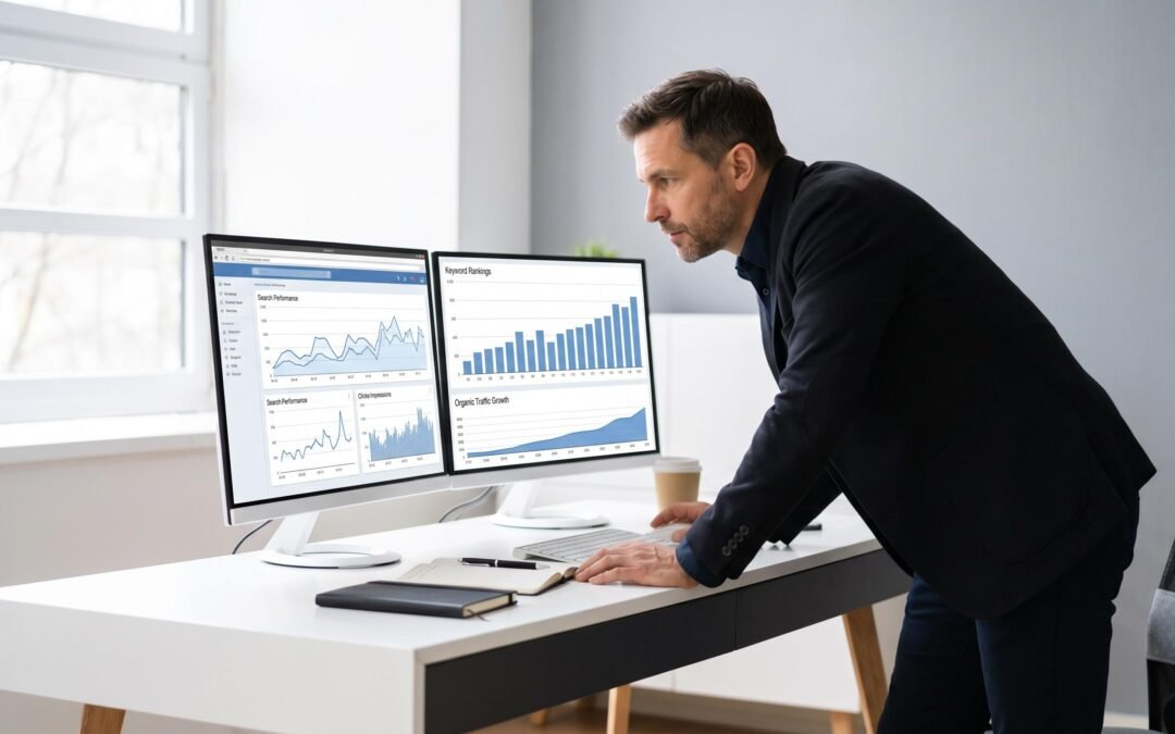 SEO consultant reviewing analytics dashboards and keyword ranking data at a professional desk