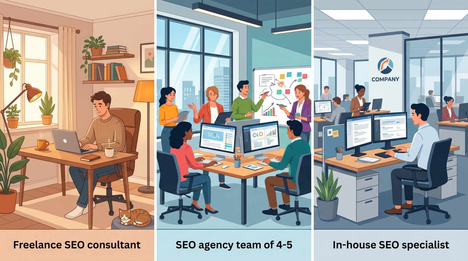 Comparison of three SEO hiring options: freelance SEO consultant, SEO agency, and in-house SEO hire