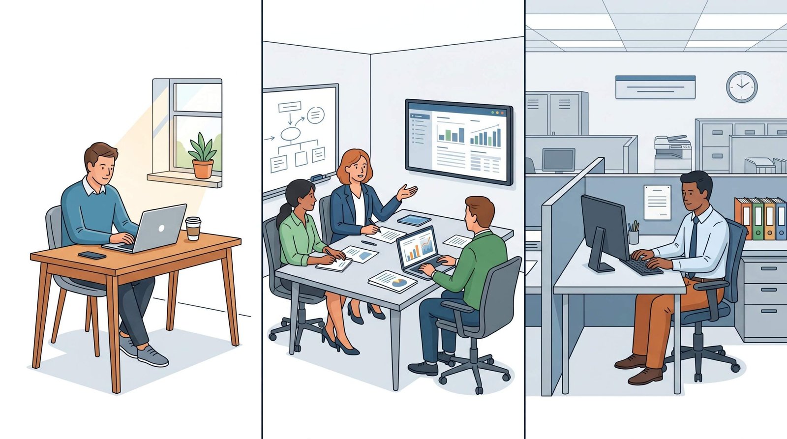 Three work settings compared side by side: freelance writer working alone, agency team in a meeting, and in-house writer at a corporate desk