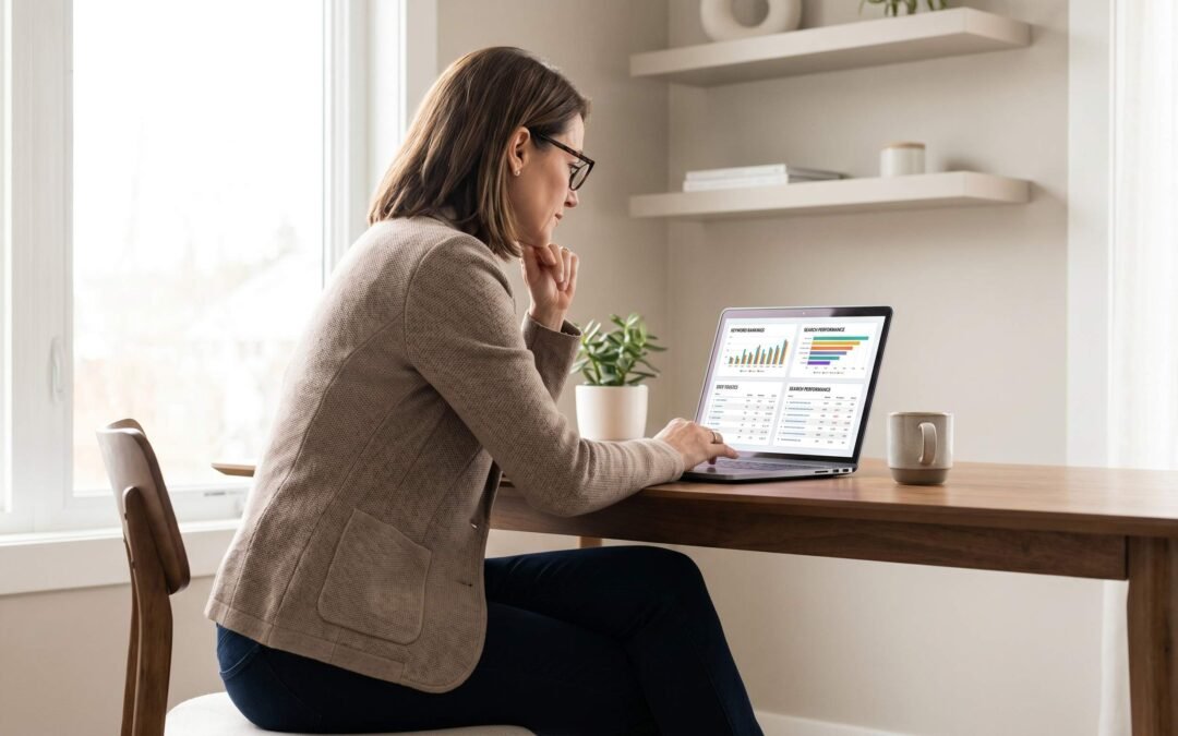 Professional content writer reviewing SEO keyword analytics and rankings on a laptop screen in a modern home office