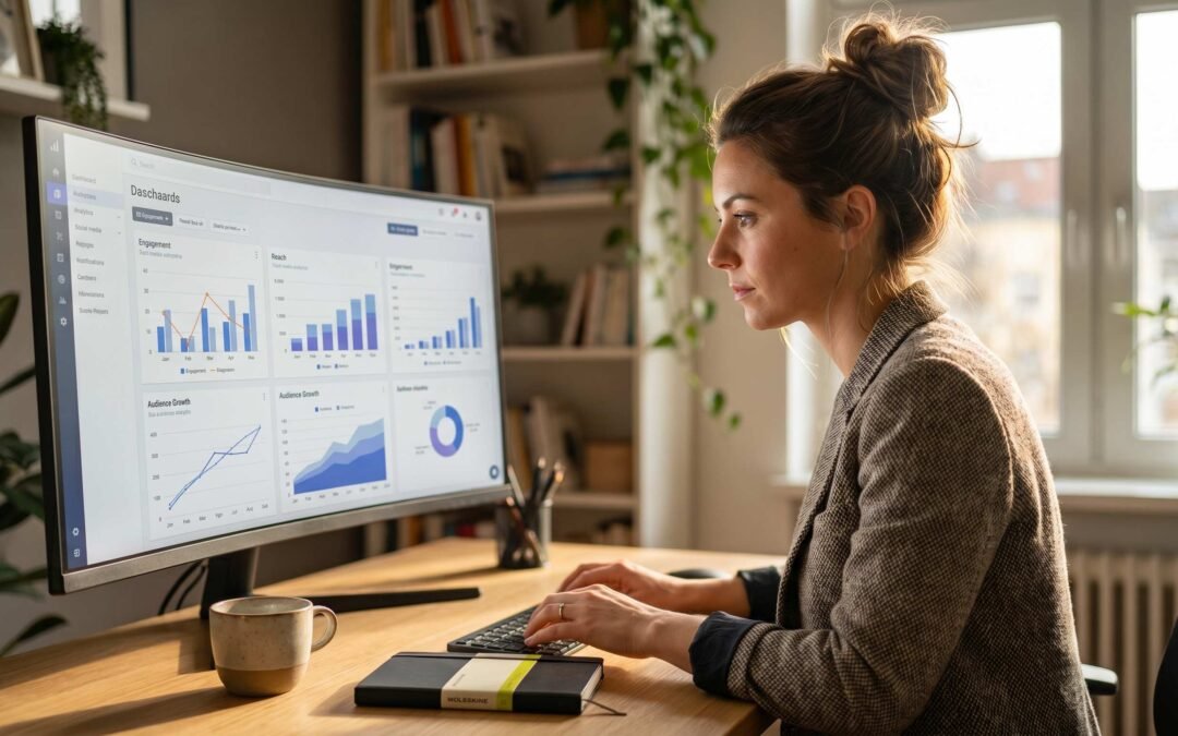 Social media consultant reviewing analytics dashboards on a laptop at a professional desk