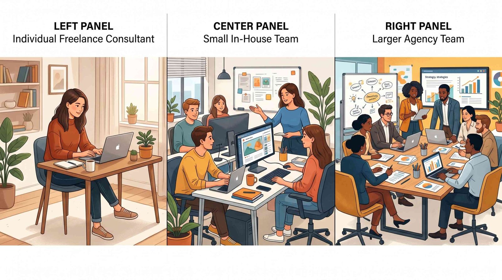 Social Media Consultant vs Manager vs Agency Comparison Comparison of social media consultant vs in-house manager vs agency - three distinct professional setups side by side