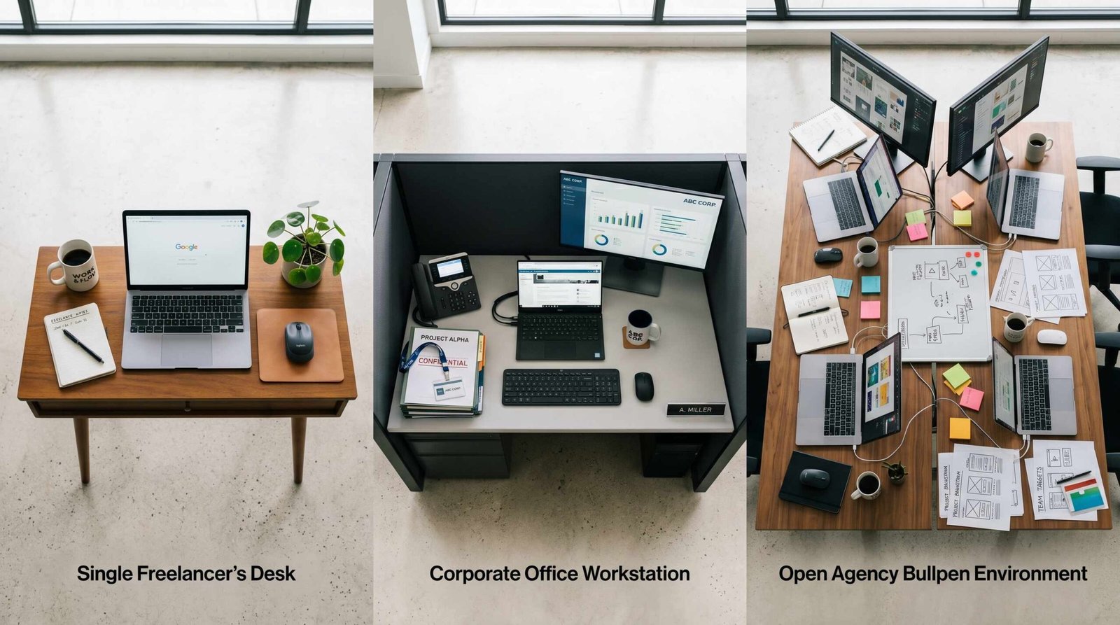 Three work setups representing freelance, in-house, and agency social media copywriting options