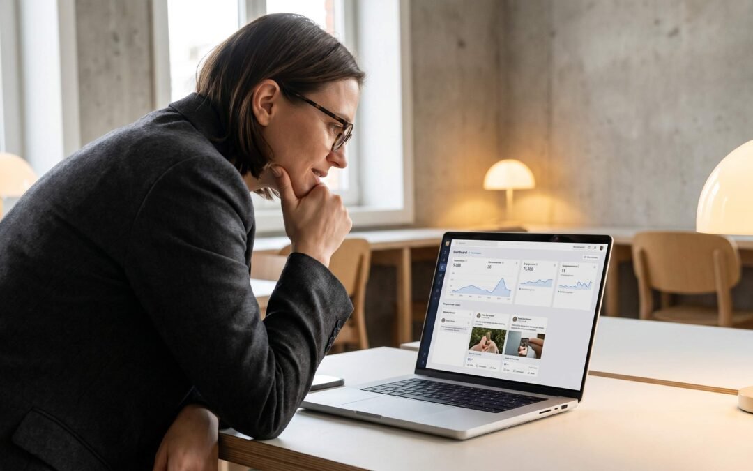 Business owner reviewing social media content strategy on laptop in modern office