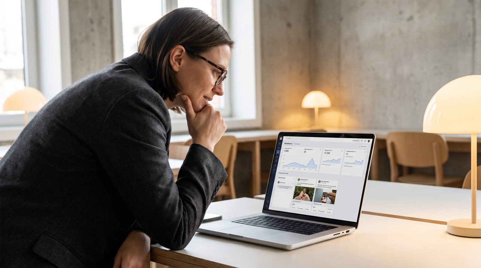 Business owner reviewing social media content strategy on laptop in modern office