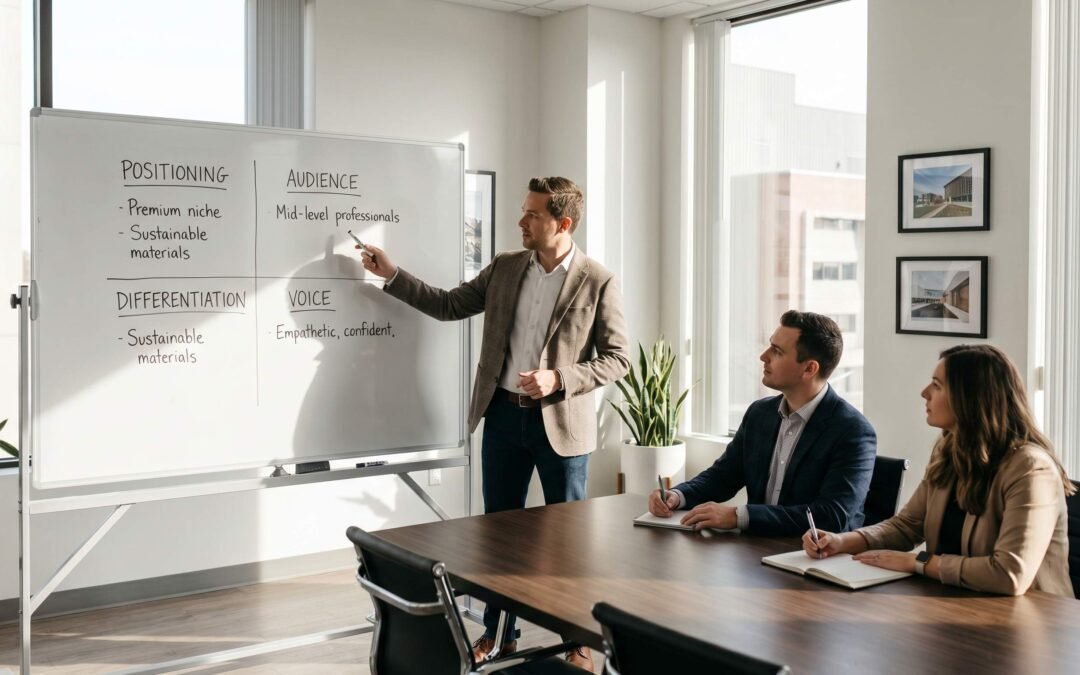 Brand strategy consultant presenting brand positioning framework on whiteboard to business founders at conference table