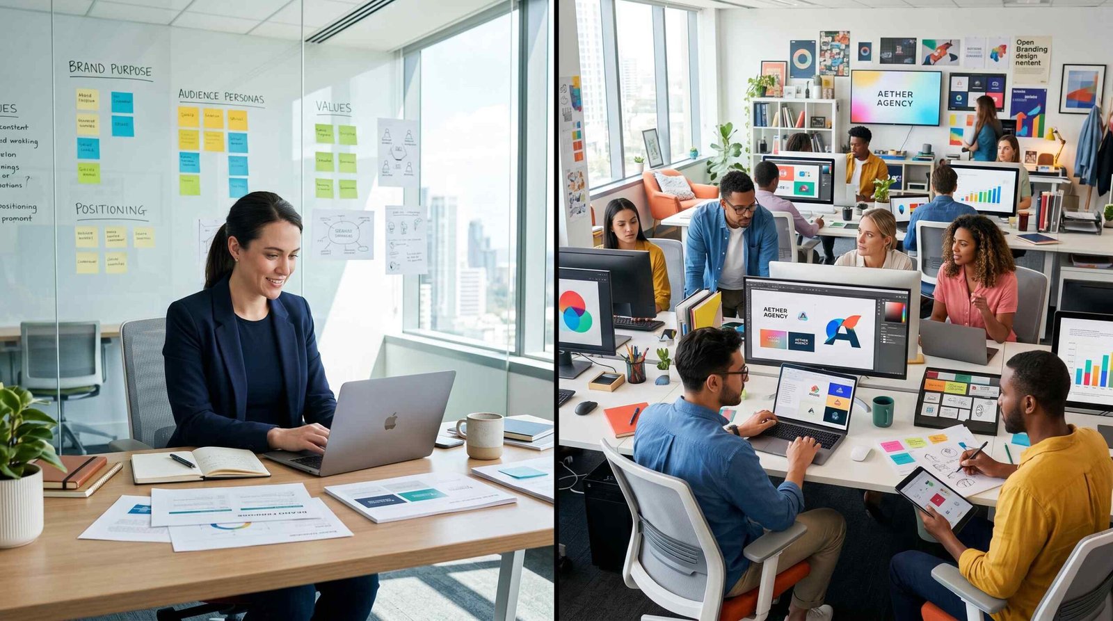 Side-by-side comparison of solo brand strategy consultant at desk versus large branding agency team in open office